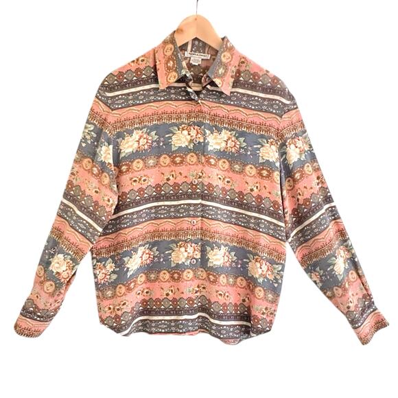 Nora Noh Silk Pastel Floral Stripe Shirt Top Blouse Size Small Cottage Preppy - Picture 1 of 5